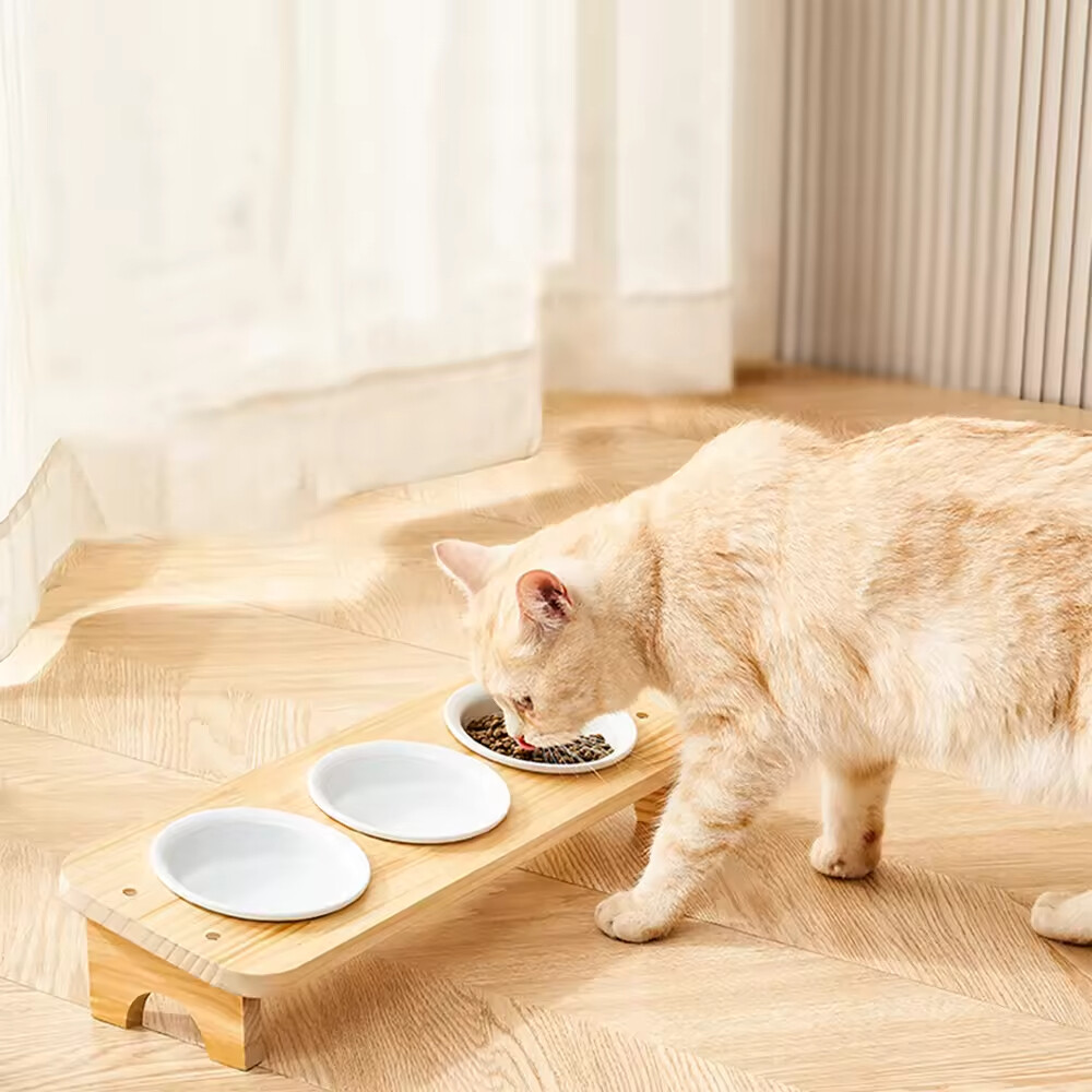 Wooden Ceramic Detachable Cat Dog Bowl Elevated