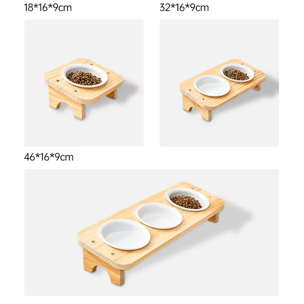 Wooden Ceramic Detachable Cat Dog Bowl Elevated