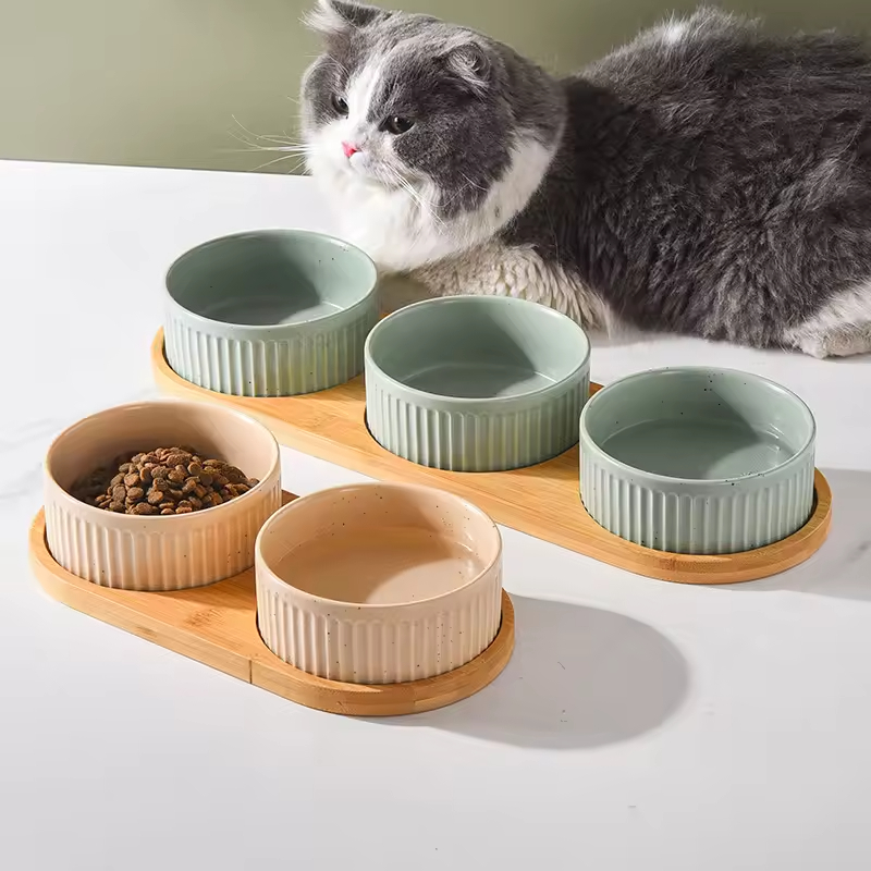Vertical Grain Ceramic Wooden Frame Pet Cat Dog Food Bowl