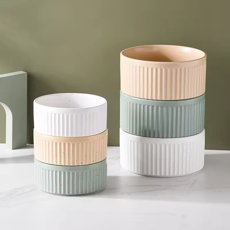 Vertical Grain Ceramic Wooden Frame Pet Cat Dog Food Bowl