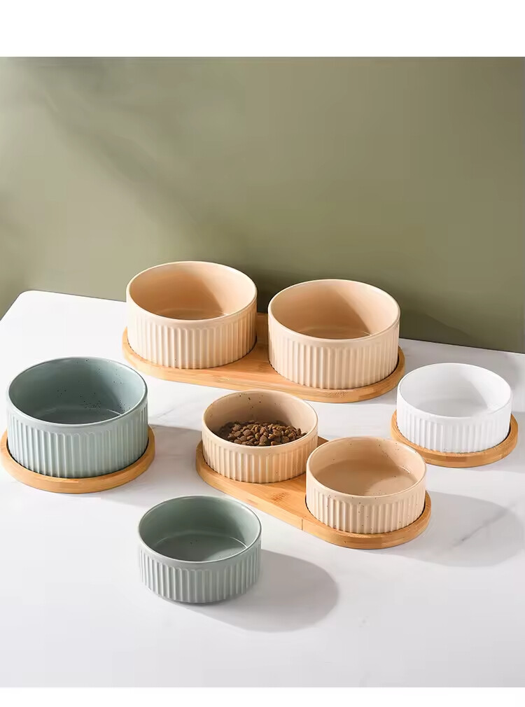 Vertical Grain Ceramic Wooden Frame Pet Cat Dog Food Bowl