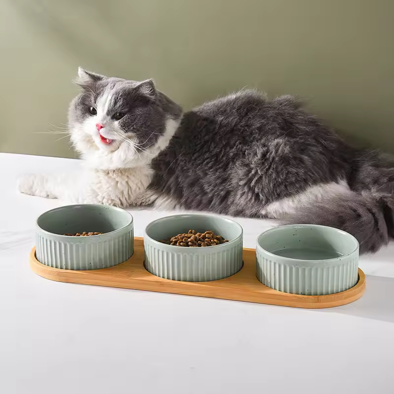 Vertical Grain Ceramic Wooden Frame Pet Cat Dog Food Bowl