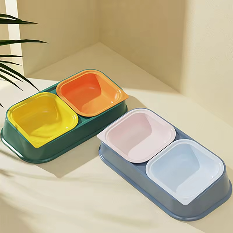 Detachable Plastic Stainless Steel Cat Pet Dog Two Bowls