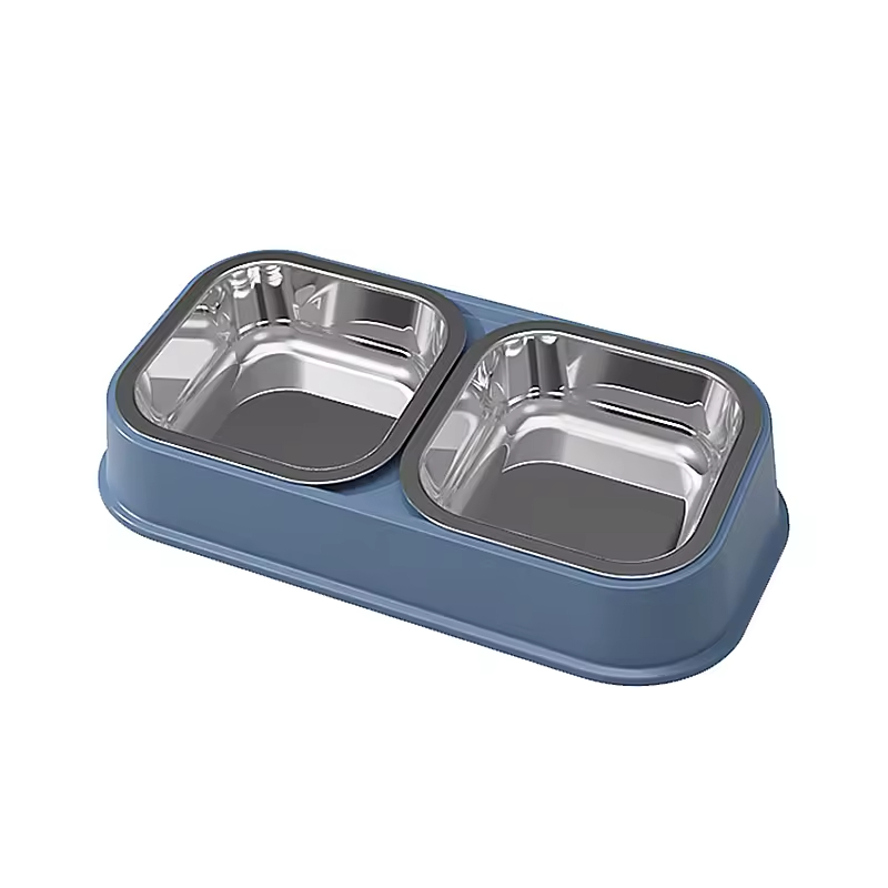 Detachable Plastic Stainless Steel Cat Pet Dog Two Bowls