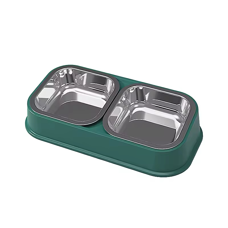 Detachable Plastic Stainless Steel Cat Pet Dog Two Bowls