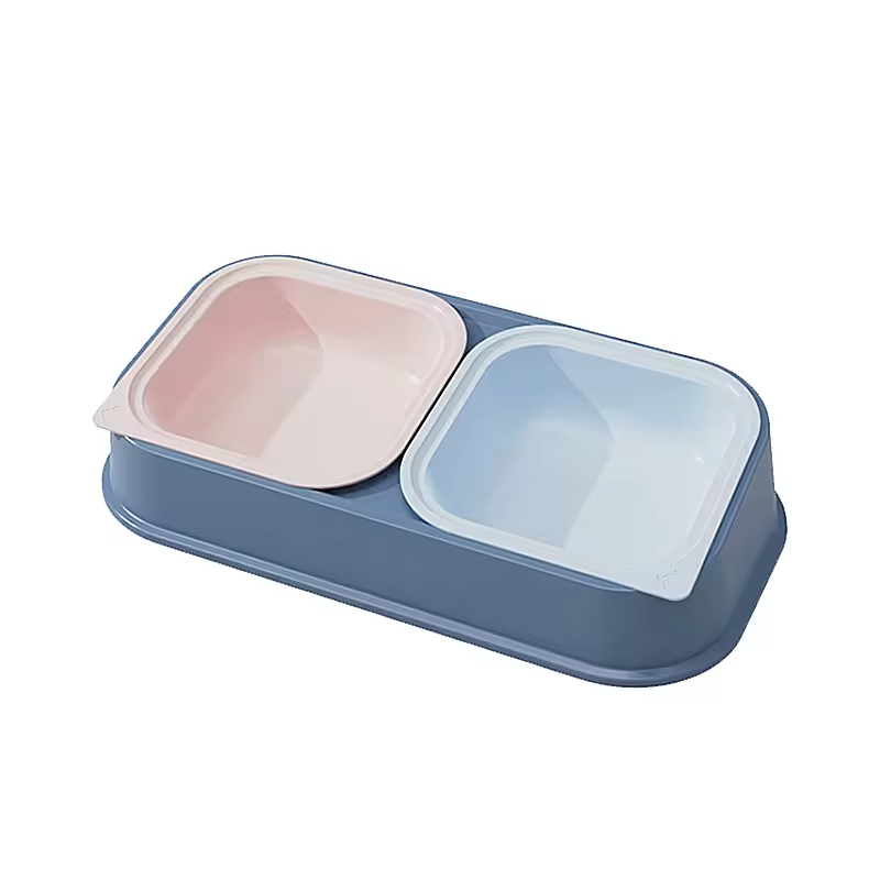 Detachable Plastic Stainless Steel Cat Pet Dog Two Bowls