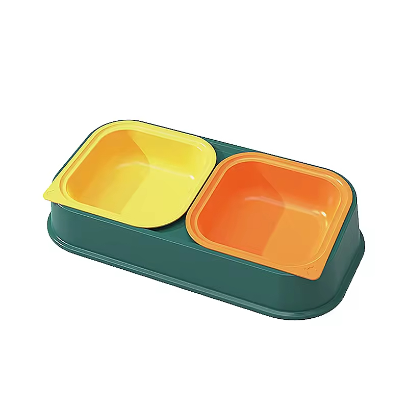 Detachable Plastic Stainless Steel Cat Pet Dog Two Bowls