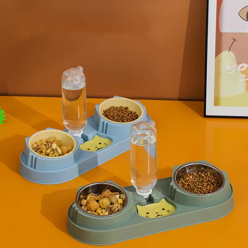 Plastic Dog Two Bowls with Water Bottle Dispenser