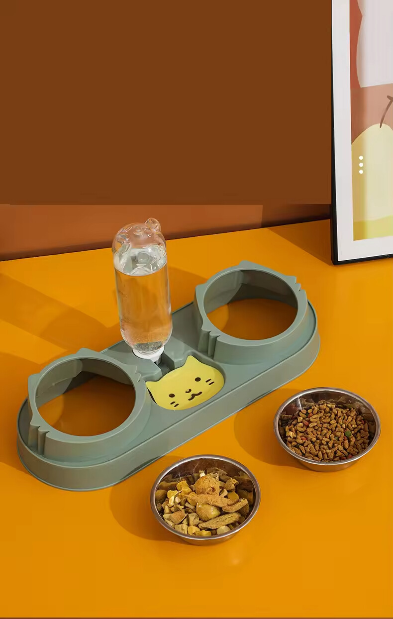 Plastic Dog Two Bowls with Water Bottle Dispenser