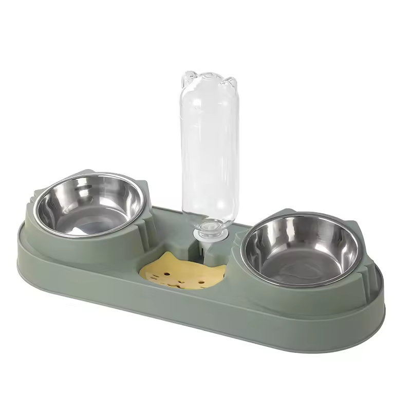 Plastic Dog Two Bowls with Water Bottle Dispenser