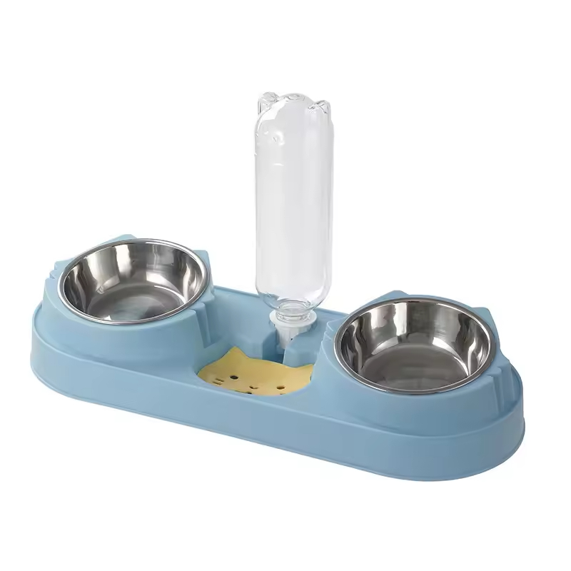 Plastic Dog Two Bowls with Water Bottle Dispenser