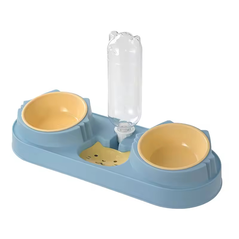 Plastic Dog Two Bowls with Water Bottle Dispenser