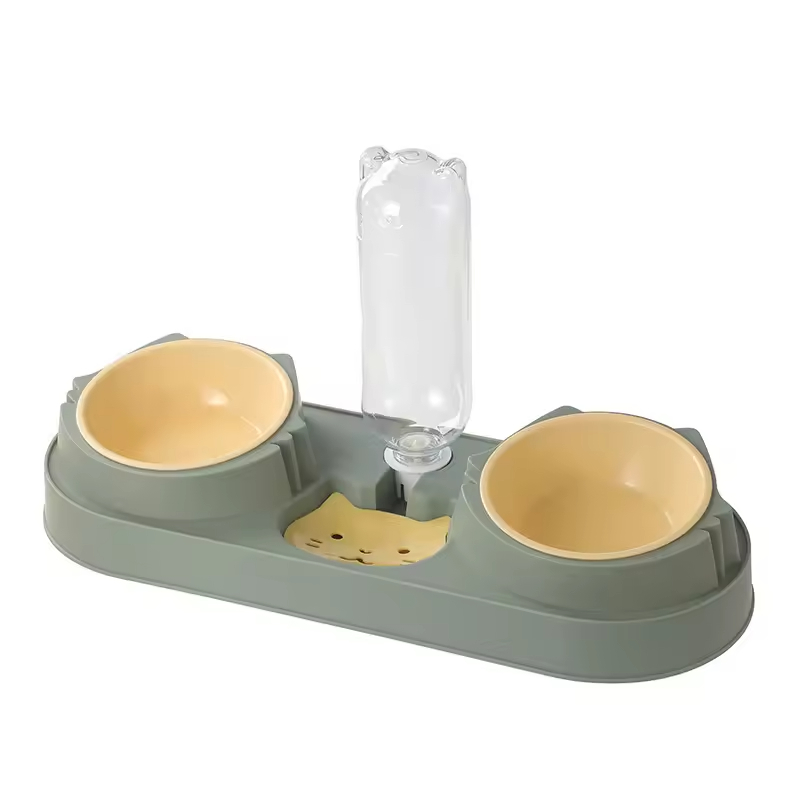 Plastic Dog Two Bowls with Water Bottle Dispenser