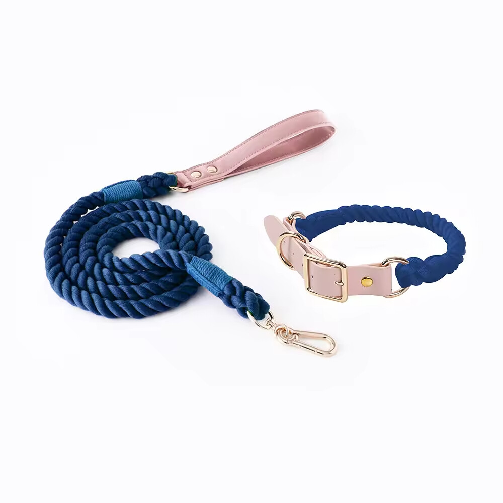 PU Leather Woven Rope Colorful Custom Logo Dog Collar and Leash Set