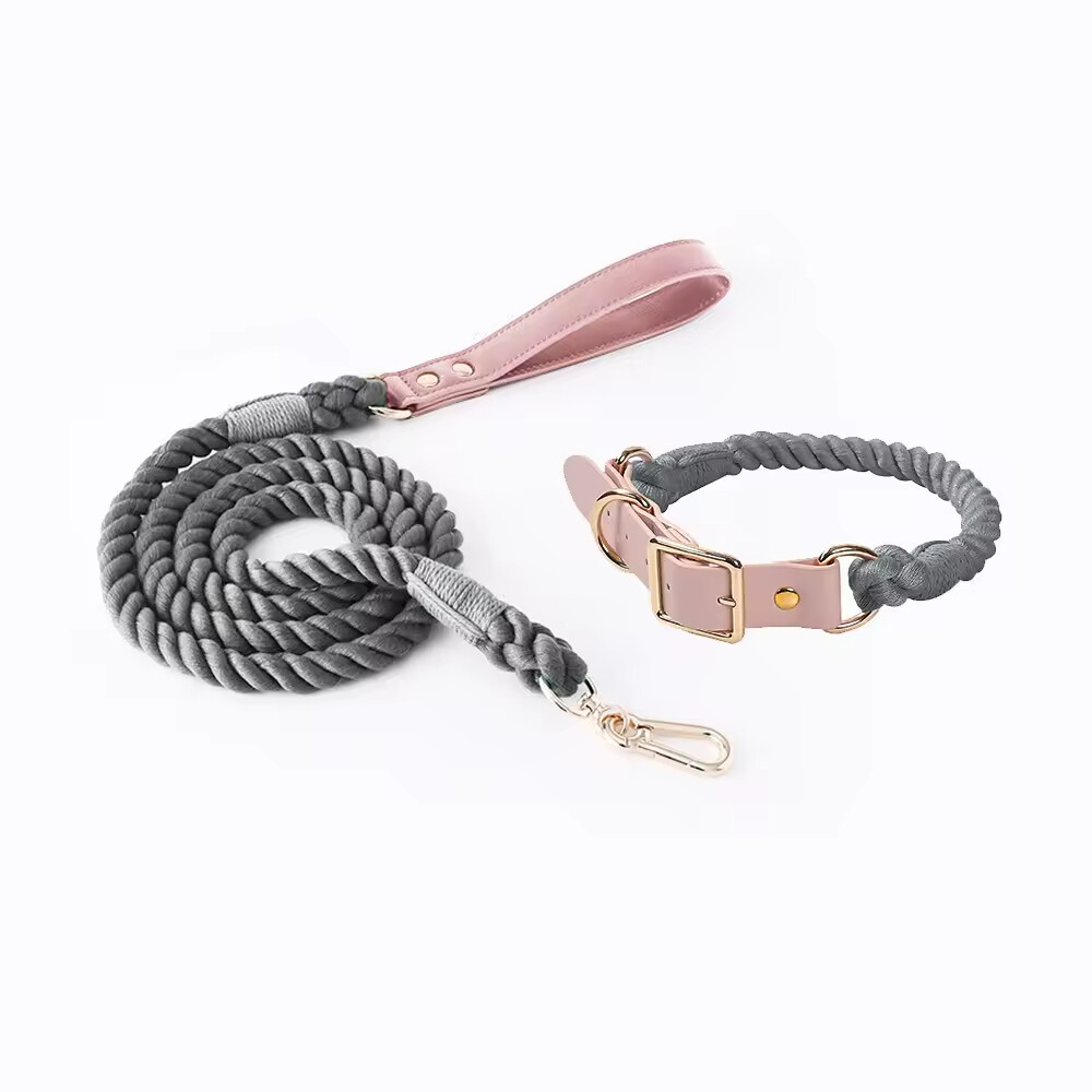 PU Leather Woven Rope Colorful Custom Logo Dog Collar and Leash Set