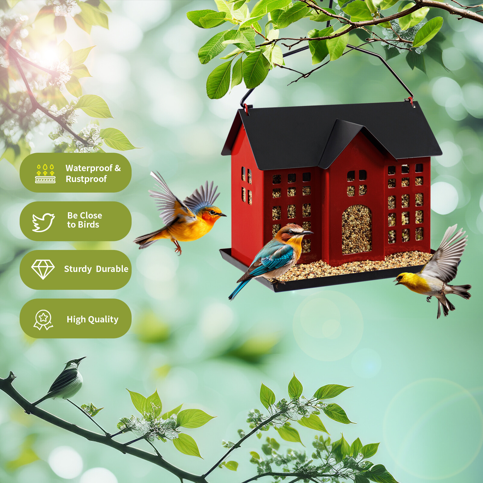 Foto della mangiatoia per uccelli bicolore nera e rossa