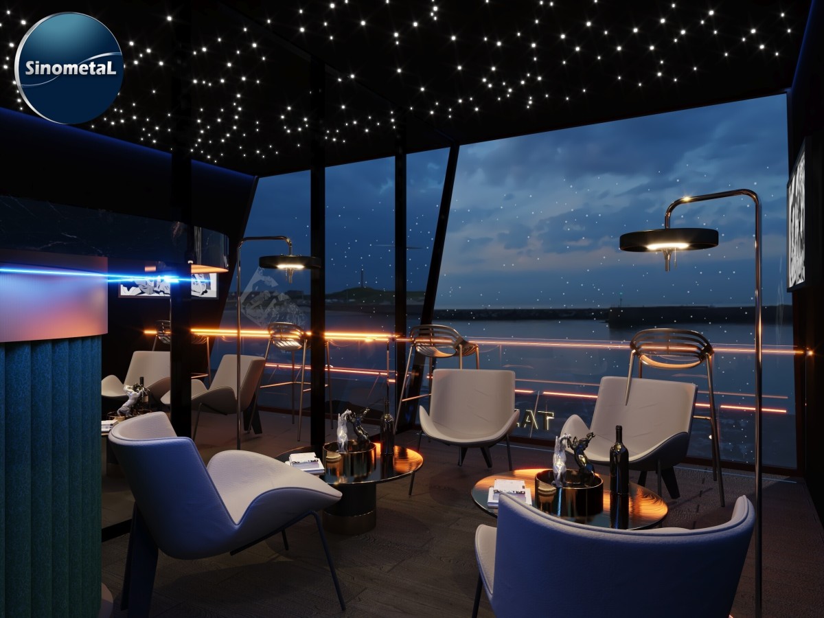 Starry sky ceiling lounge area of container bar