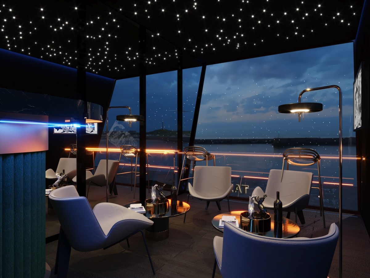 Starry sky ceiling lounge area of container bar