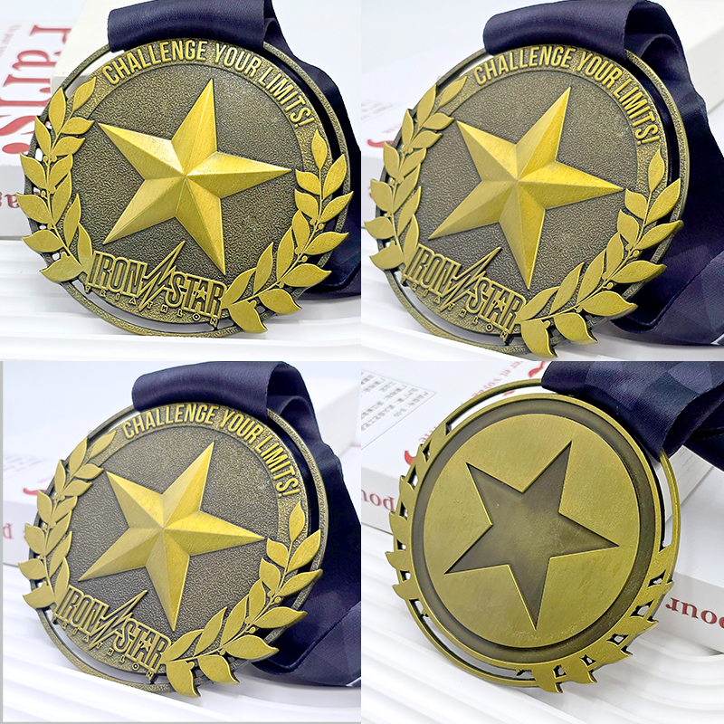 Medalla de relieve tridimensional de estrella de cinco puntas de bronce vintage, medalla conmemorativa de evento de triatlón, medalla de honor metálica hueca