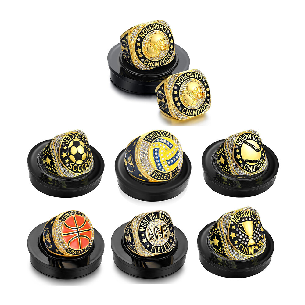 Accesorios deportivos incrustados con diamantes para premios deportivos en general, incluyendo anillos de campeonato para eventos de MVP de fútbol, baloncesto, rugby y béisbol.