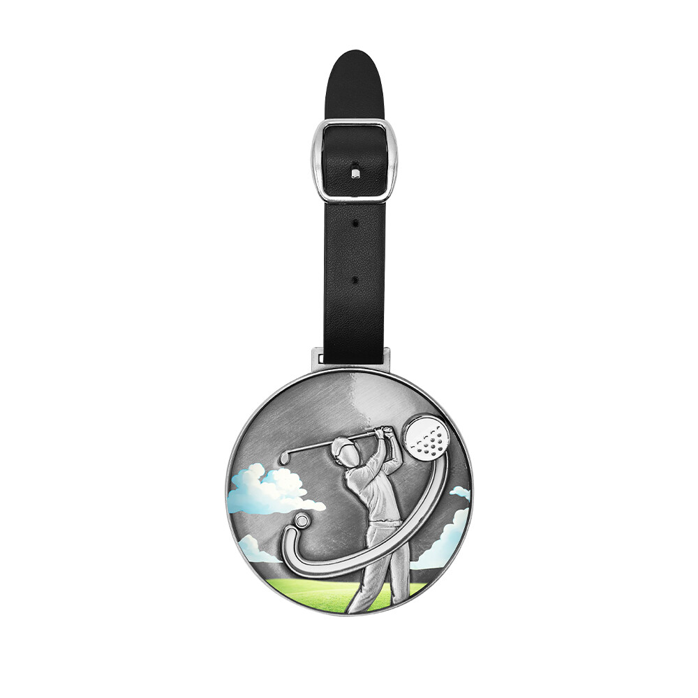 Proceso de pintura horneada UV deslizante personalizado, chapado metálico, niquelado, plateado antiguo, etiquetas para bolsas de golf de la marca Lee, aleación de zinc