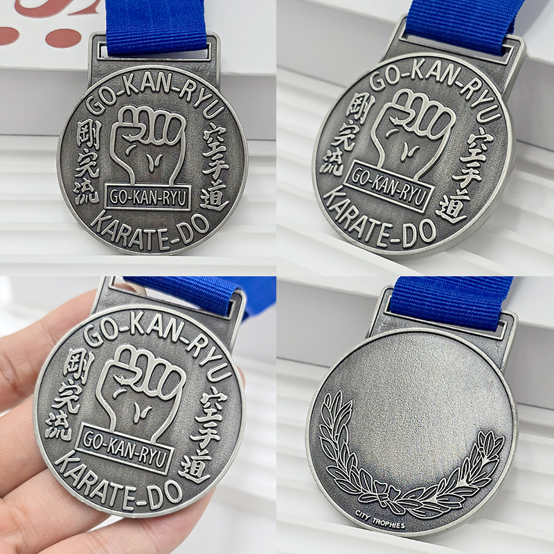 Medalla retro de metal plateado con puño en relieve en 3D, artículo conmemorativo de colección para eventos con temática de kárate.