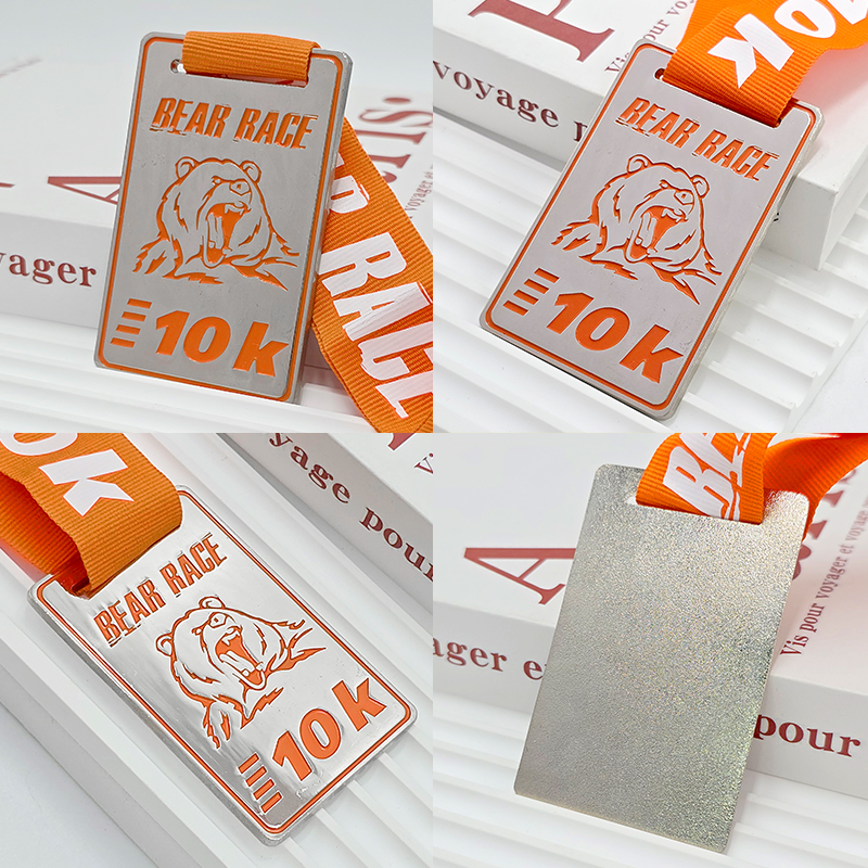 Medalla metálica con bloque de color plateado y naranja, relieve conmemorativo de cabeza de oso para eventos de carrera al aire libre, adorno coleccionable.