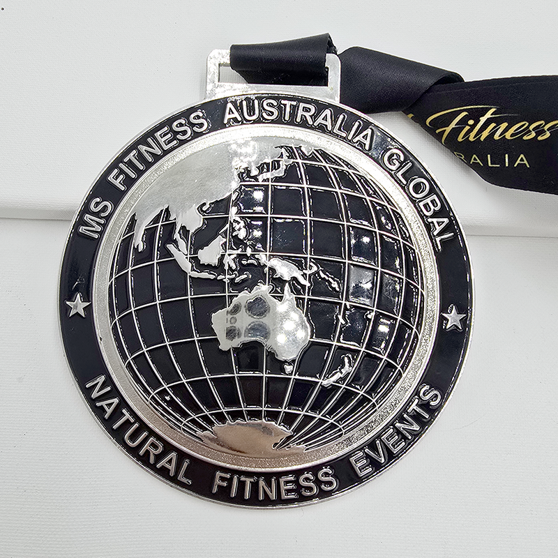 Conjunto de medallas metálicas para competiciones de fitness y culturismo, conmemorativas de competiciones mundiales de fitness/culturismo natural de Australia-Asia y otras competiciones, con relieve del globo terráqueo/marca, conjunto coleccionable de competiciones profesionales.