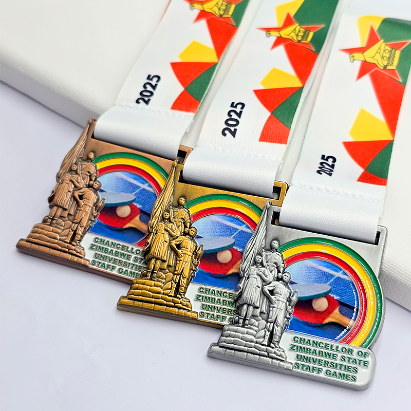 Conjunto de medallas metálicas con múltiples temas de Zimbabue: Carrera benéfica del lazo rosa / Carrera de tai chi / Conmemoración del Día de la Independencia, etc.; Estatua / Relieve yin-yang; Conjunto de colección de carreras con temática africana.