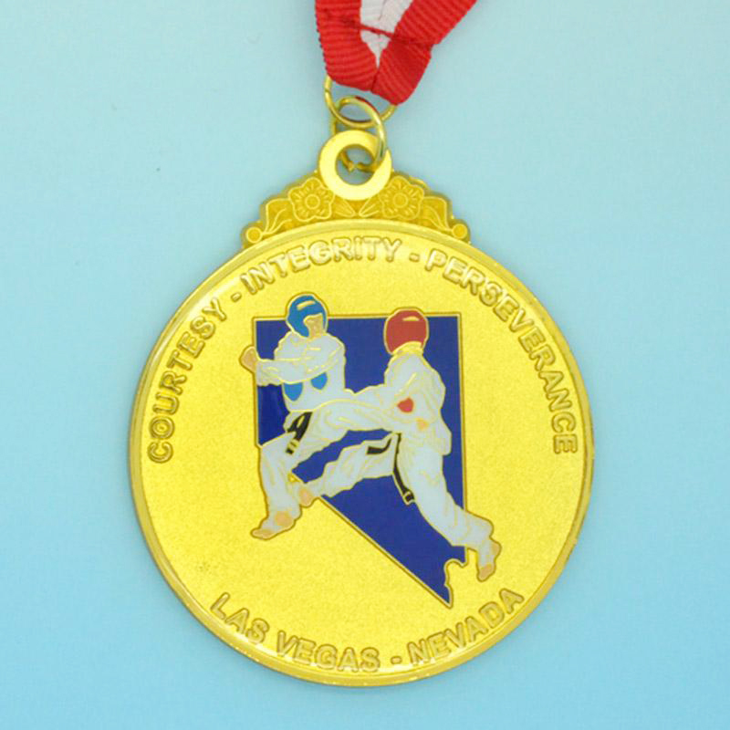 Medalla de bronce con esmalte en relieve tridimensional de figuras de la competición de Taekwondo de Las Vegas Nevada, un colgante conmemorativo que simboliza el espíritu deportivo.