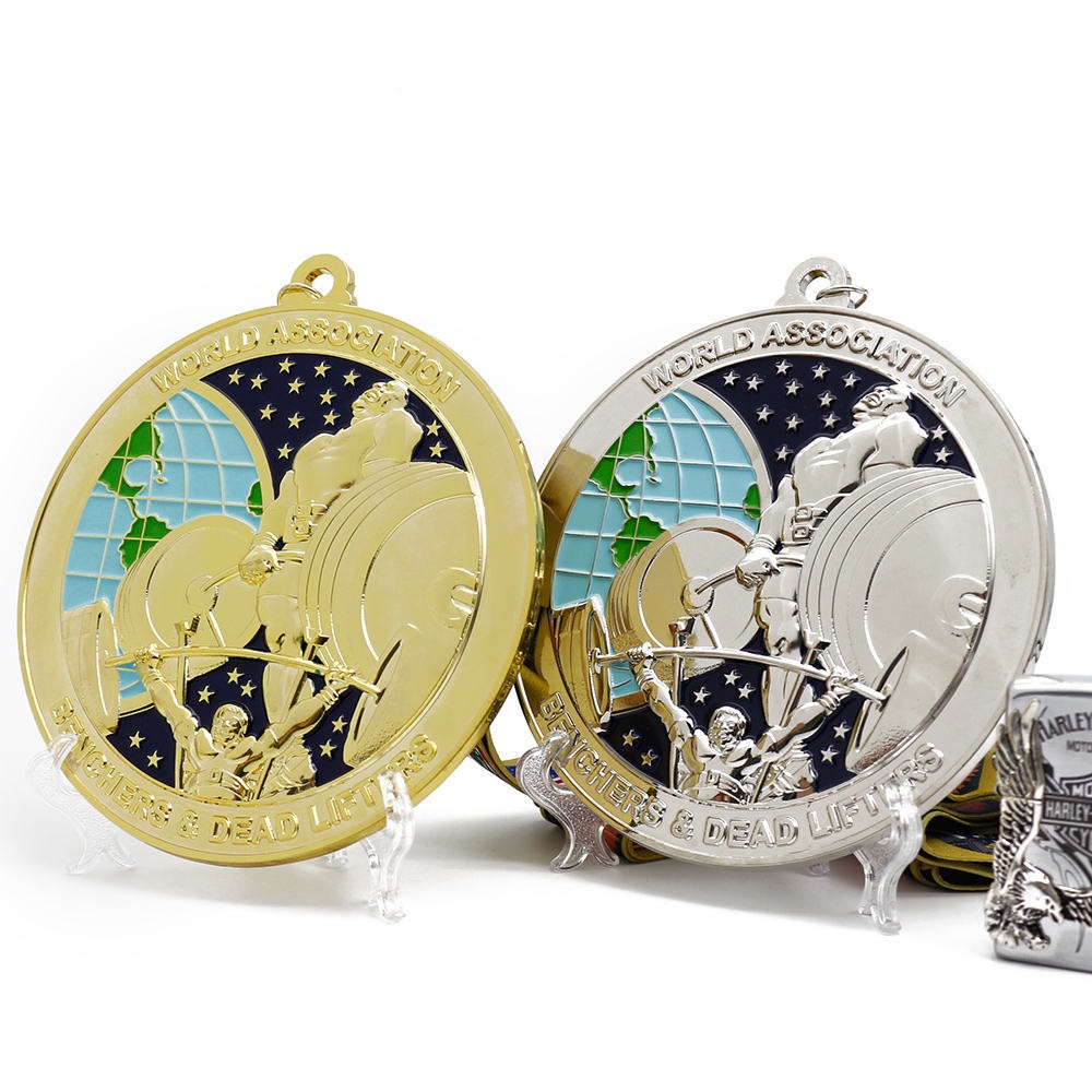 Custom 3D enamel weightlifting medals, metal sports medals with lanyards.