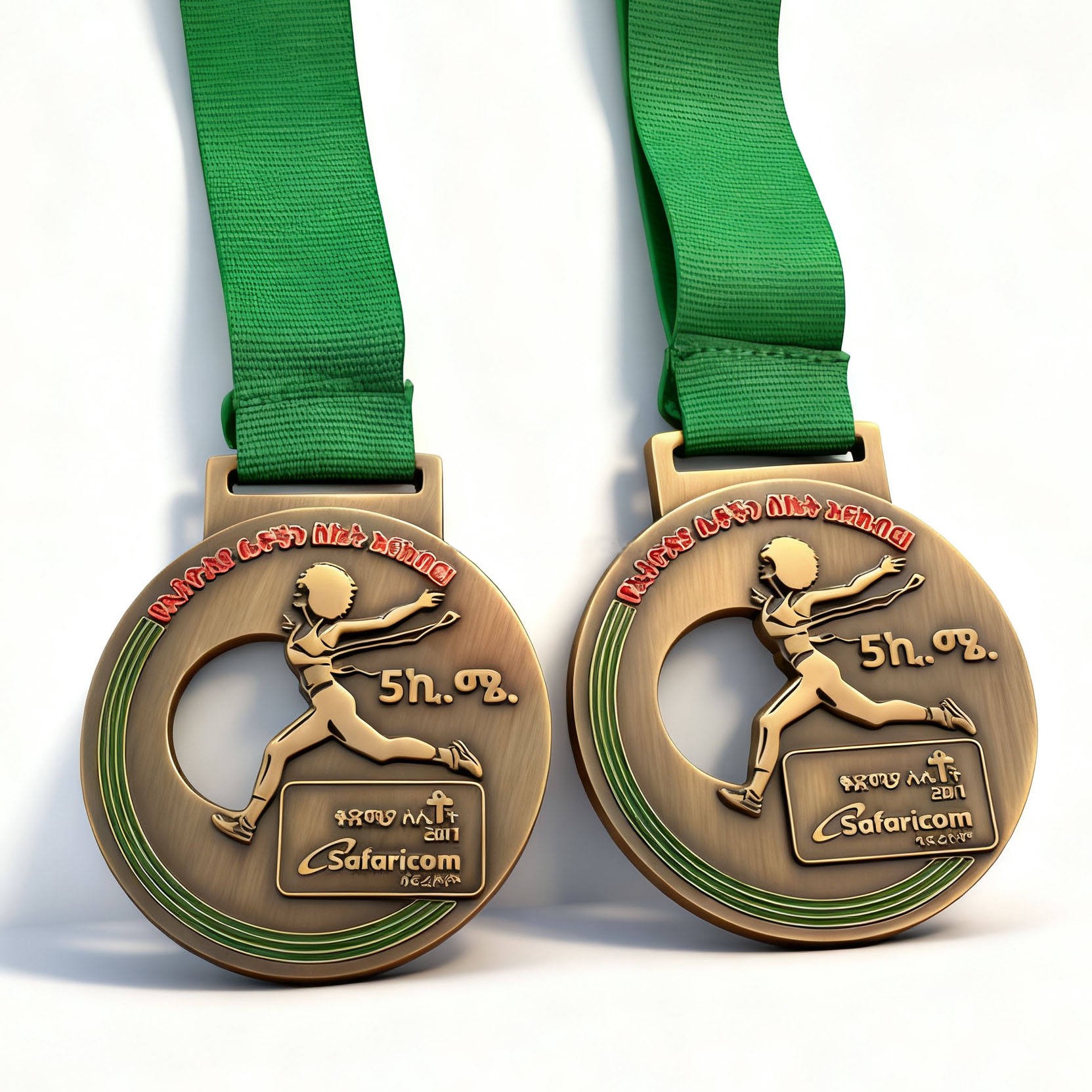Medalla de meta de la carrera de 5 km para mujeres: Bronce vintage con cinta verde; medalla deportiva.