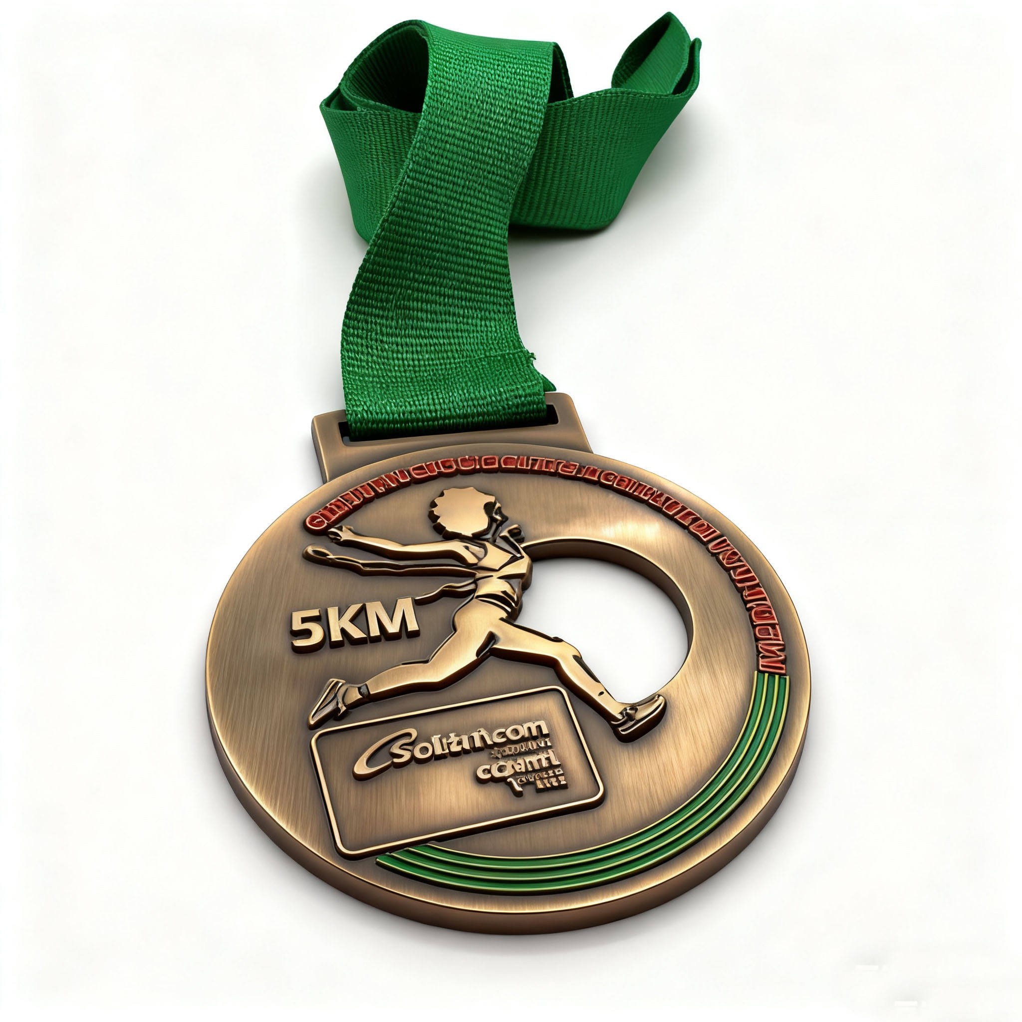Medalla de meta de la carrera de 5 km para mujeres: Bronce vintage con cinta verde; medalla deportiva.