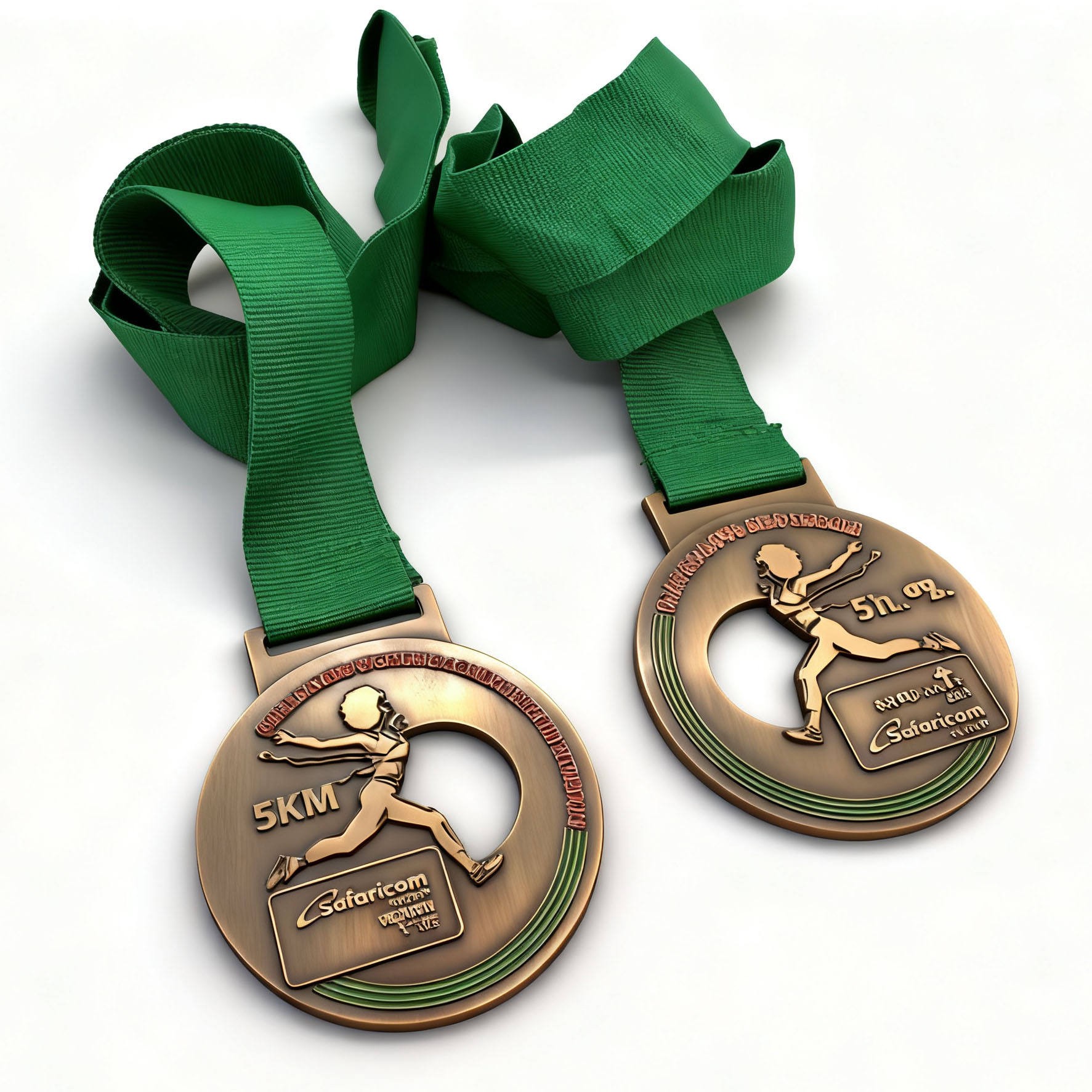 Medalla de meta de la carrera de 5 km para mujeres: Bronce vintage con cinta verde; medalla deportiva.