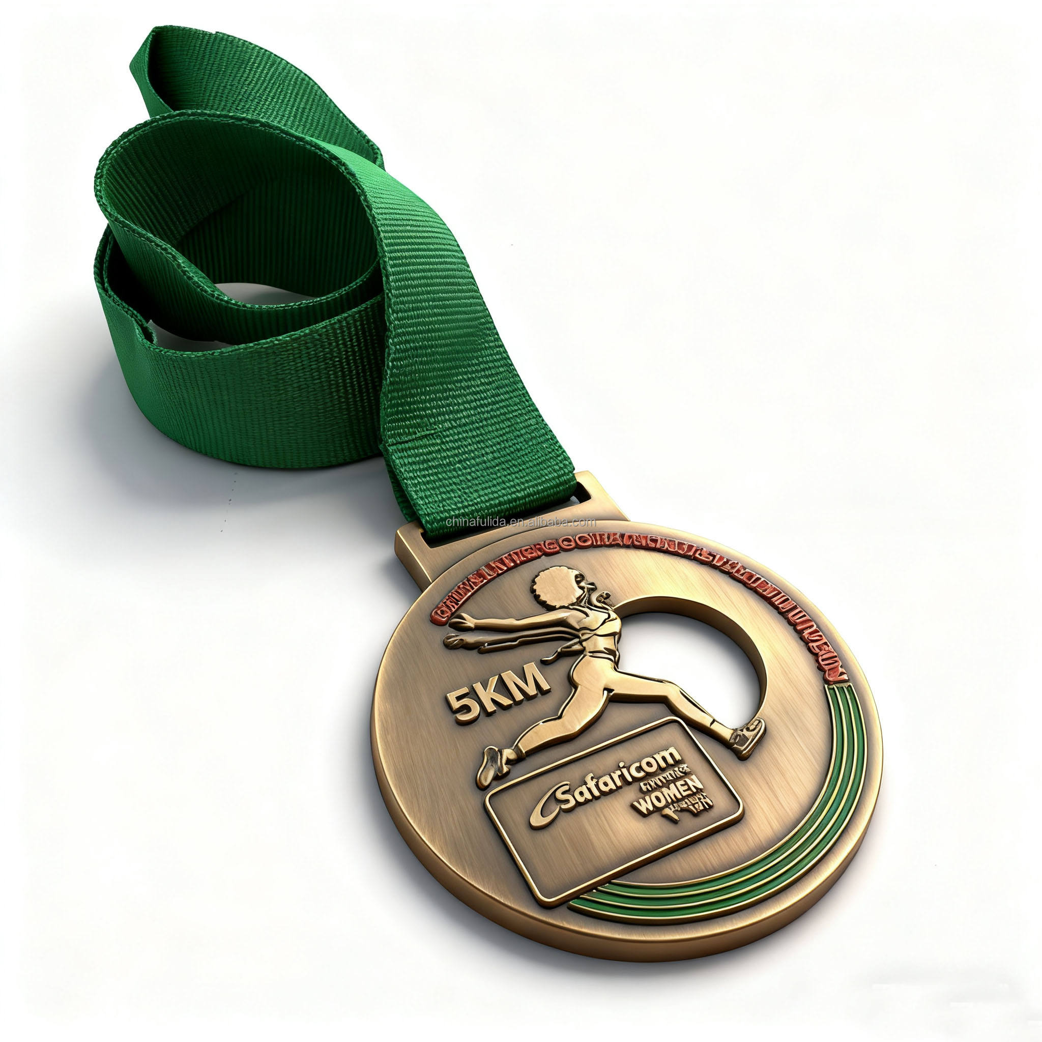 Medalla de meta de la carrera de 5 km para mujeres: Bronce vintage con cinta verde; medalla deportiva.