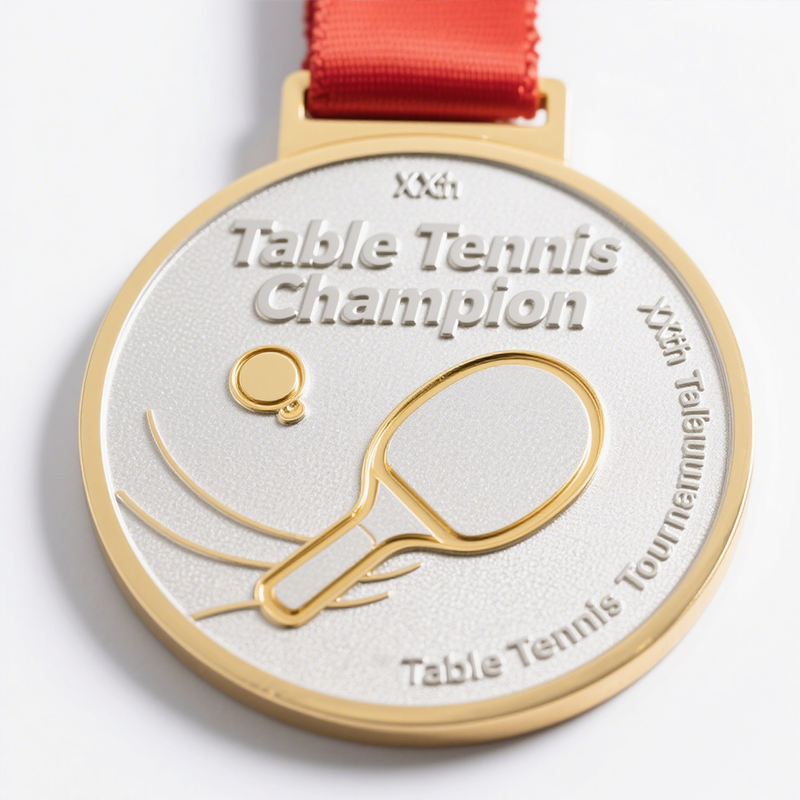 Medallas personalizadas para torneos de tenis de mesa, con un llamativo acabado metálico dorado y plateado, y distintivos conmemorativos con letras personalizables.