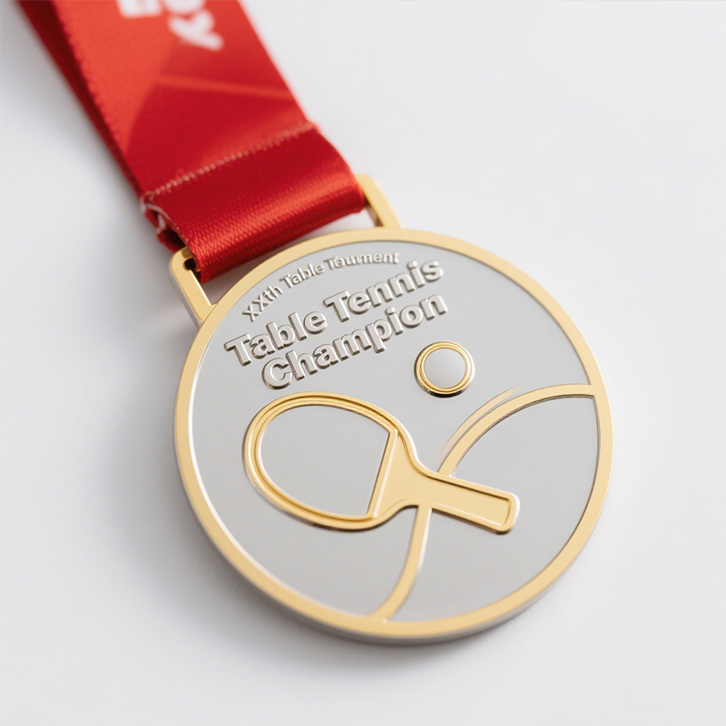 Medallas personalizadas para torneos de tenis de mesa, con un llamativo acabado metálico dorado y plateado, y distintivos conmemorativos con letras personalizables.