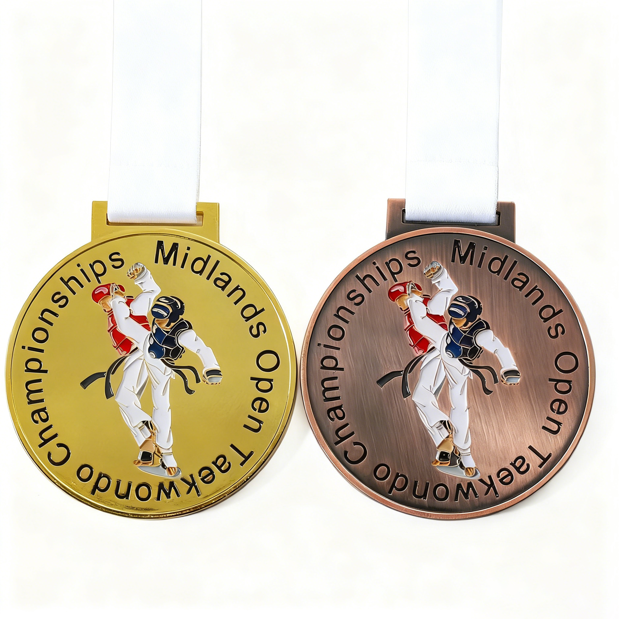 Medalla de taekwondo de cinta metálica de bronce dorado con esmalte blando para deportes de taekwondo