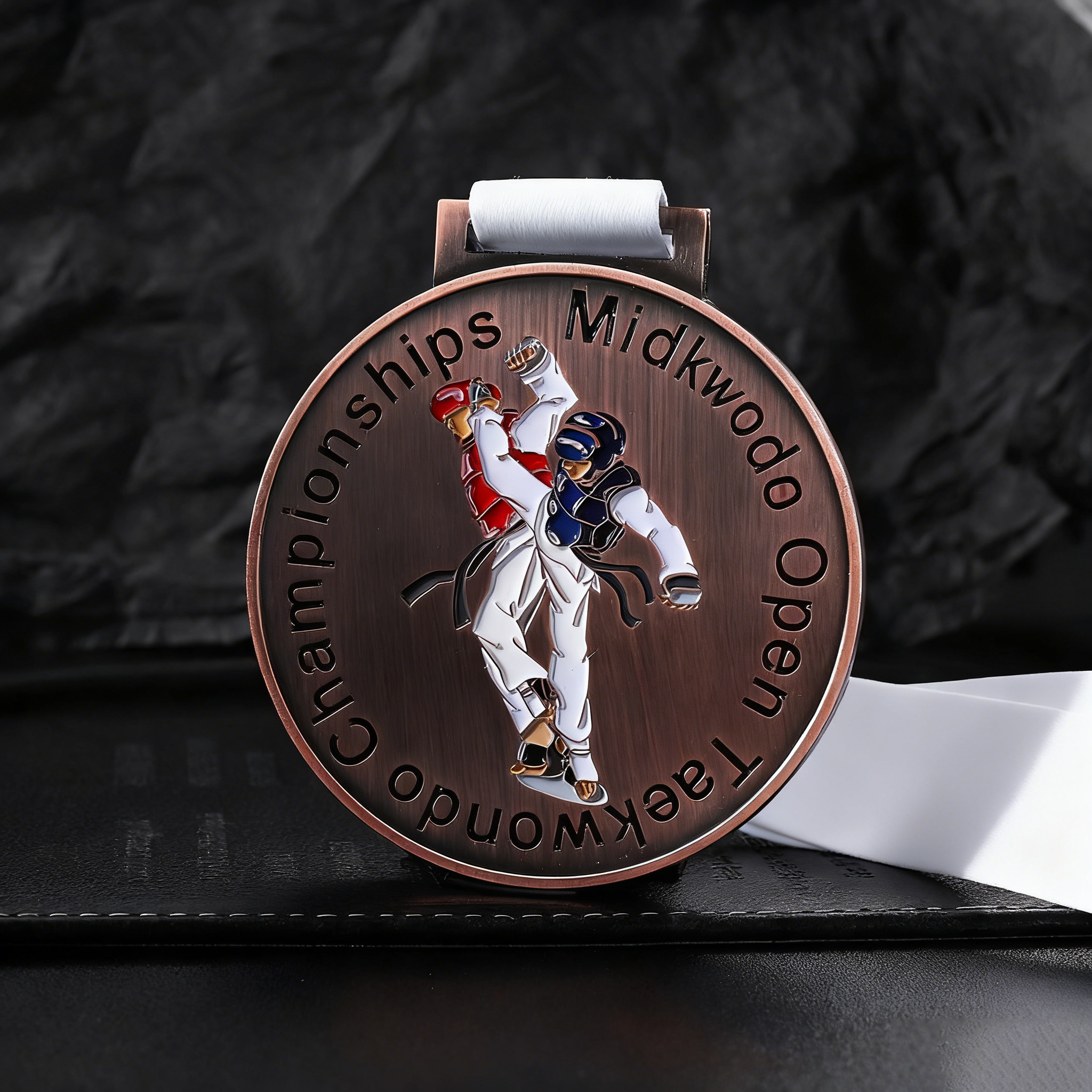 Medalla de taekwondo de cinta metálica de bronce dorado con esmalte blando para deportes de taekwondo