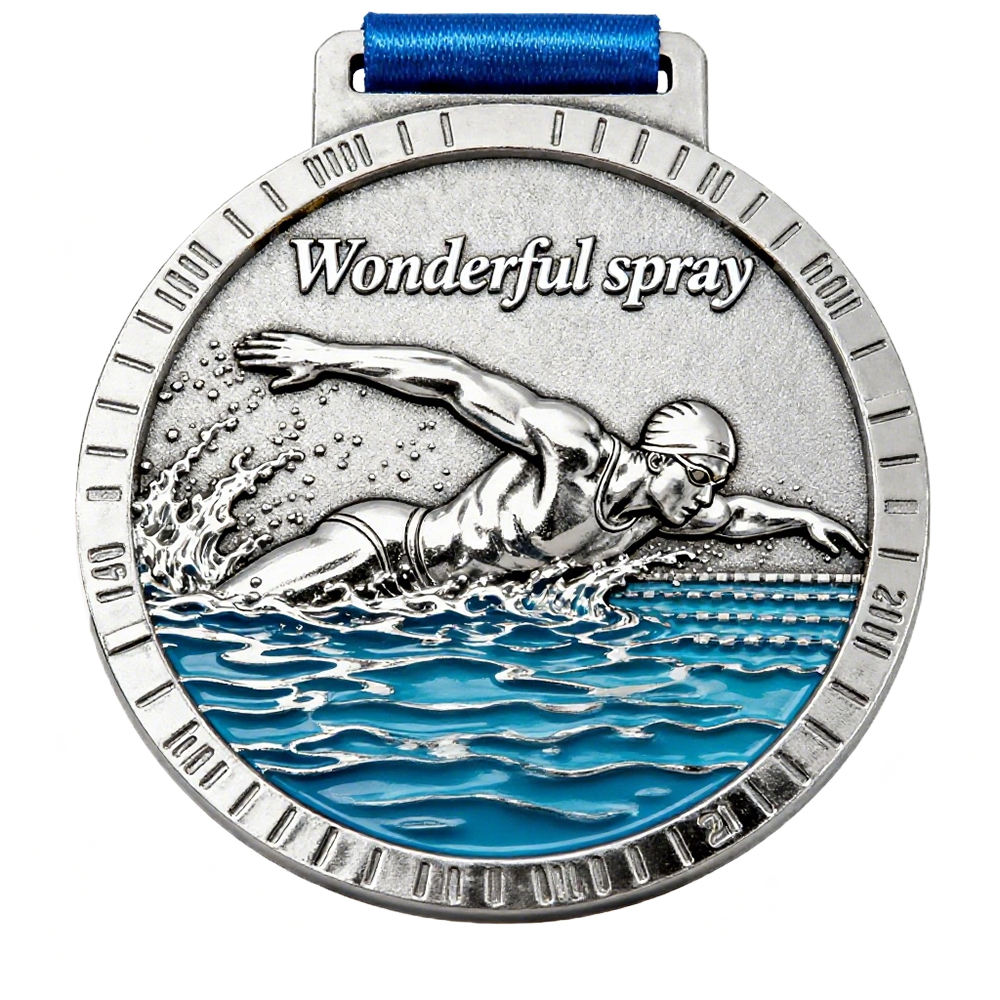 Serie de diseño de medallas de natación fundidas en plata bañada en oro, grabado de alta calidad, medallas de premio de campeonato para ganadores.