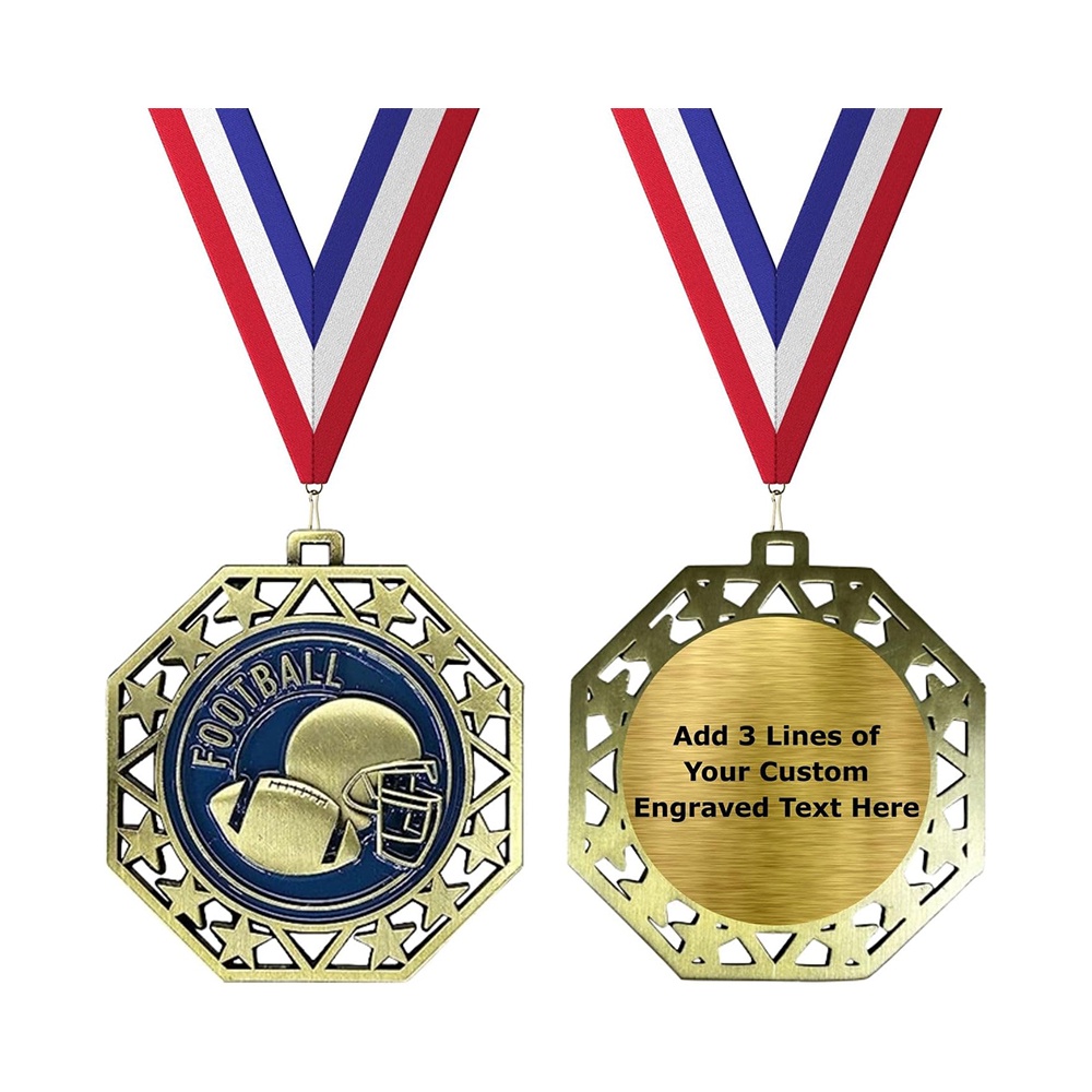 Medalla de fútbol americano, patrón de estrella calada octagonal, insignia conmemorativa de doble cara de bronce