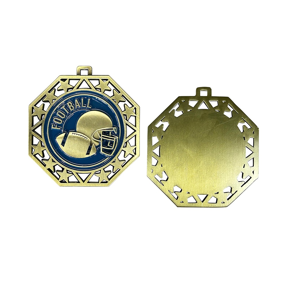 Medalla de fútbol americano, patrón de estrella calada octagonal, insignia conmemorativa de doble cara de bronce