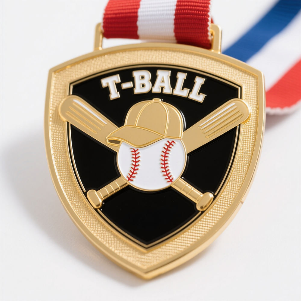 Medalla de escudo de béisbol infantil, insignia conmemorativa de torneo con forma de béisbol de esmalte dorado brillante