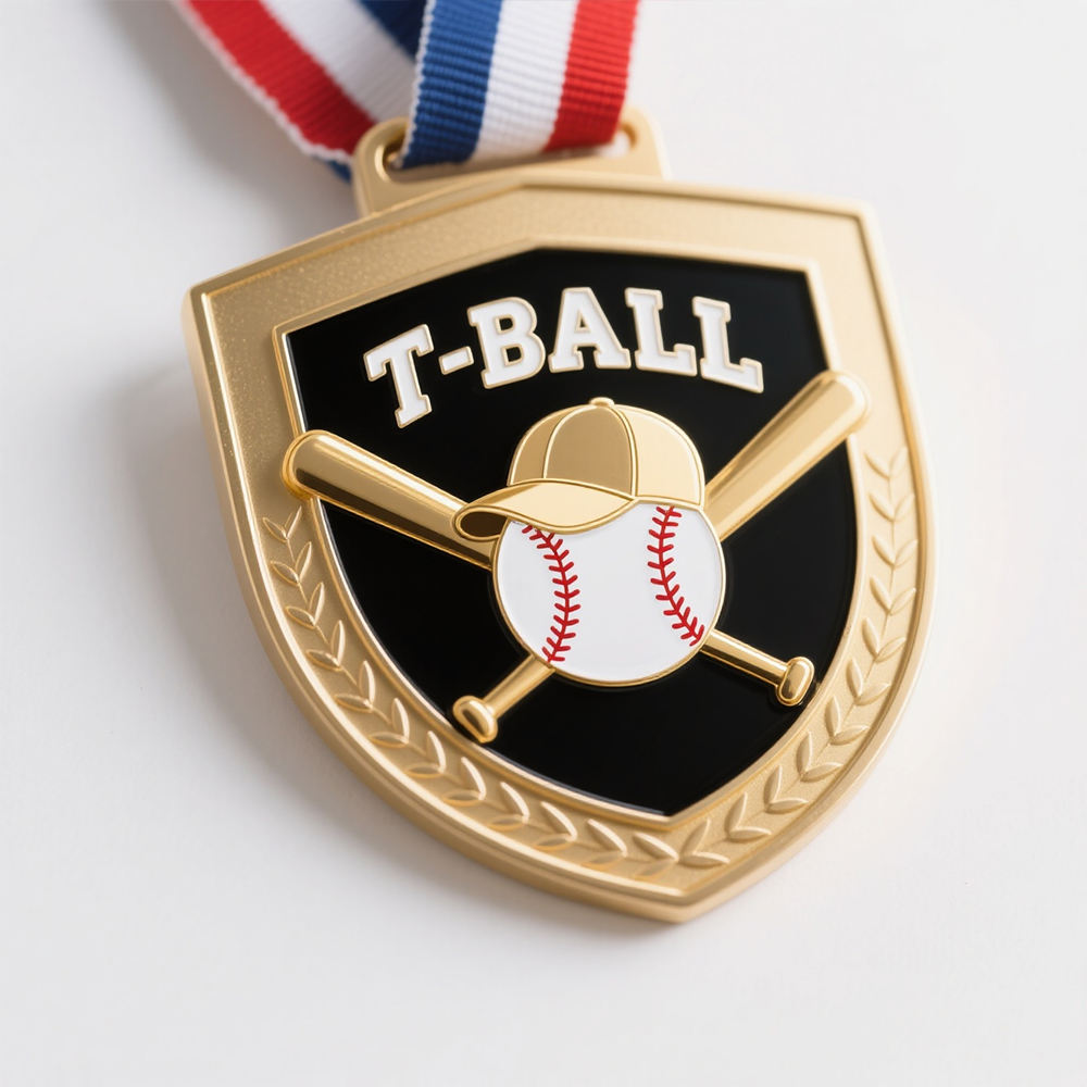 Medalla de escudo de béisbol infantil, insignia conmemorativa de torneo con forma de béisbol de esmalte dorado brillante