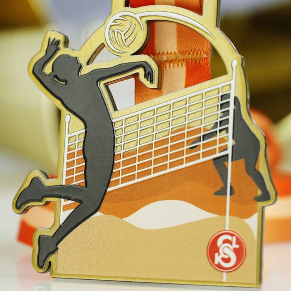 Medallas caladas para torneo de voleibol, diseño de remate en silueta, insignias conmemorativas de esmalte naranja y dorado