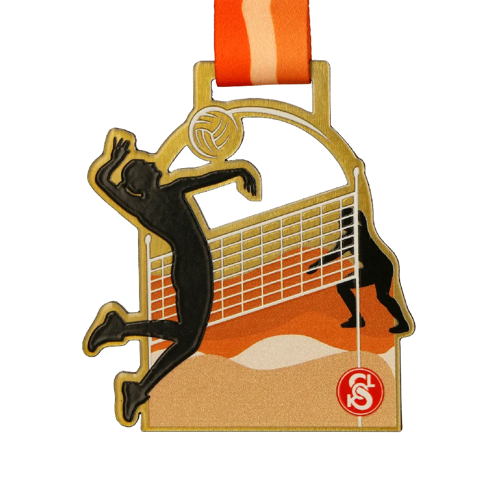 Medallas caladas para torneo de voleibol, diseño de remate en silueta, insignias conmemorativas de esmalte naranja y dorado