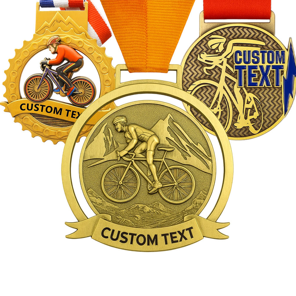 Medalla de finalista de ciclismo personalizada al por mayor de aleación de zinc 3D para carrera deportiva de bicicleta de montaña con cinta