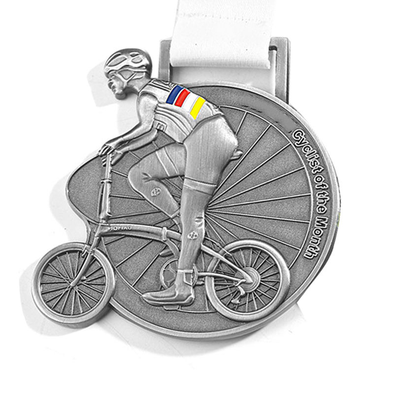 Medalla de finalista de ciclismo personalizada al por mayor de aleación de zinc 3D para carrera deportiva de bicicleta de montaña con cinta
