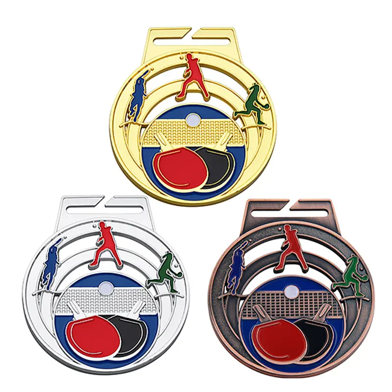Medallas tricolores de oro, plata y bronce para torneos de tenis de mesa; Medallas conmemorativas esmaltadas con raquetas de arcoíris.