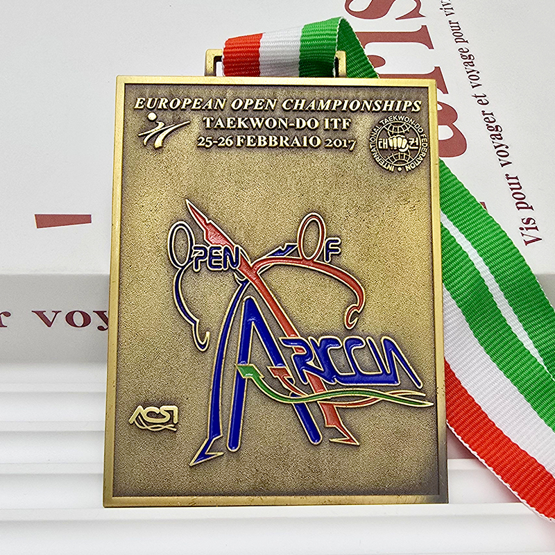 Antike Bronzemedaille aus Metall, farbige Reliefskulptur zur Erinnerung an die European Taekwondo Open, ein Sammlerstück.